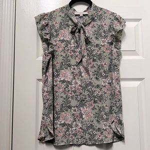 LOFT Floral Print Tie Neck Sleeveless Ruffle Shoulder Blouse